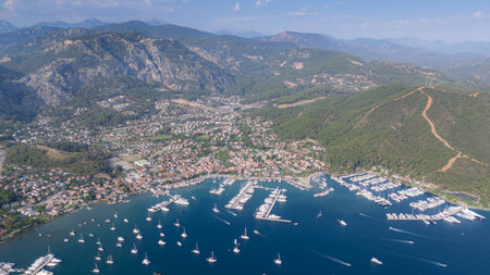 Gocek Marina and Gocek City Drone Photo, Gocek Fethiye, Mugla Turkey (Turkey)の写真素材