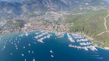 Gocek Marina and Gocek City Drone Photo, Gocek Fethiye, Mugla Turkey (Turkey)の写真素材