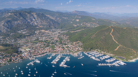 Gocek Marina and Gocek City Drone Photo, Gocek Fethiye, Mugla Turkey (Turkey)の写真素材