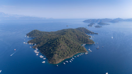 Gocek Marina and Gocek City Drone Photo, Gocek Fethiye, Mugla Turkey (Turkey)の写真素材