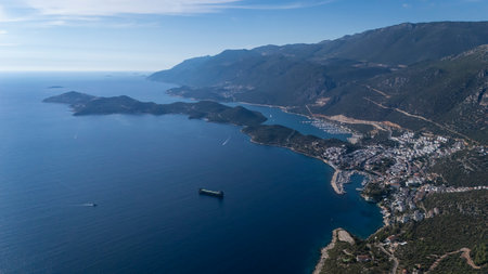 Scenic Aerial View of Kas Harbor and Surrounding Hillsの写真素材