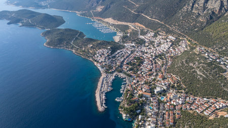 Scenic Aerial View of Kas Harbor and Surrounding Hillsの写真素材