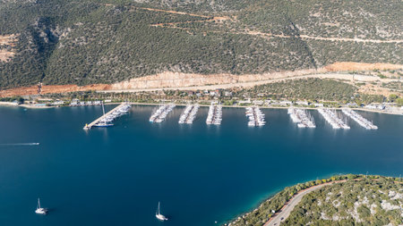 Scenic Aerial View of Kas Harbor and Surrounding Hillsの写真素材