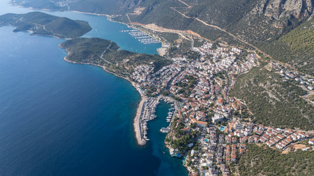 Scenic Aerial View of Kas Harbor and Surrounding Hillsの写真素材