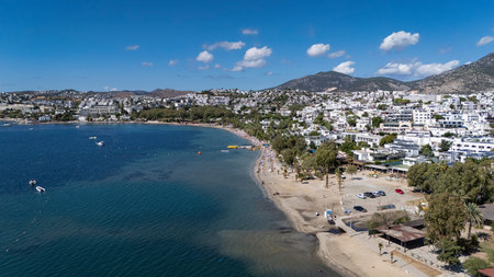 Aerial View of Bodrum GÃ¼mbet with Yachts and Clear Blue Waterの写真素材