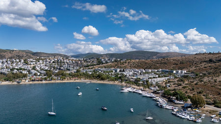 Aerial View of Bodrum GÃ¼mbet with Yachts and Clear Blue Waterの写真素材