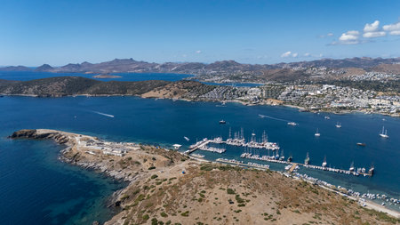 Aerial View of Bodrum GÃ¼mbet with Yachts and Clear Blue Waterの写真素材