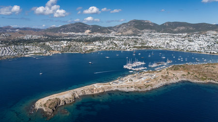 Aerial View of Bodrum GÃ¼mbet with Yachts and Clear Blue Waterの写真素材