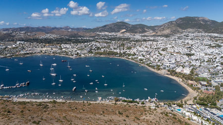 Aerial View of Bodrum GÃ¼mbet with Yachts and Clear Blue Waterの写真素材