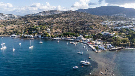 Breathtaking View of GÃ¼mÃ¼ÅlÃ¼k Bay with Yachts and Nearby Greek Islandsの写真素材