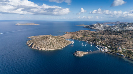 Breathtaking View of Gümü?lük Bay with Yachts and Nearby Greek Islandsの写真素材