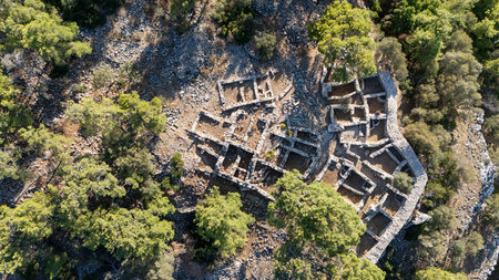 Ancient Ruins of Pedasa in Bodrum Surrounded by Forest from Aerial Viewの写真素材