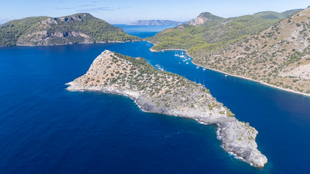Aerial View of Gemile Island and Bay in Fethiye, Turkeyの写真素材