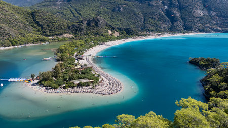 Aerial view of the famous Blue Lagoon beach in Oludeniz, Fethiye, Turkeyの写真素材