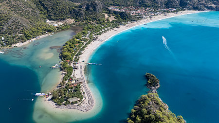 Aerial view of the famous Blue Lagoon beach in Oludeniz, Fethiye, Turkeyの写真素材