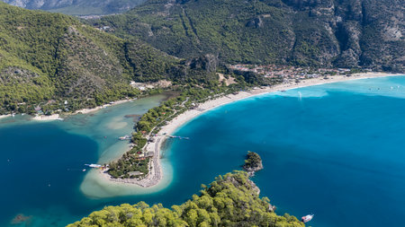 Aerial view of the famous Blue Lagoon beach in Oludeniz, Fethiye, Turkeyの写真素材