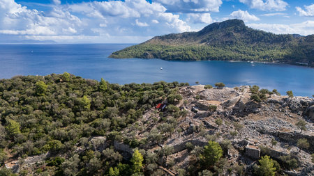 Ancient Amos Theater Overlooking the Aegean Sea in Marmaris, Turkeyの写真素材