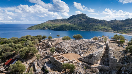 Ancient Amos Theater Overlooking the Aegean Sea in Marmaris, Turkeyの写真素材