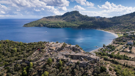 Ancient Amos Theater Overlooking the Aegean Sea in Marmaris, Turkeyの写真素材