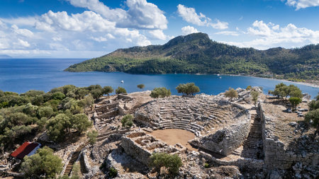 Ancient Amos Theater Overlooking the Aegean Sea in Marmaris, Turkeyの写真素材
