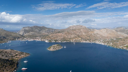 Aerial View of Bozburun Harbor and Sailboats in Marmaris, Turkeyの写真素材