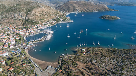 Aerial View of Bozburun Harbor and Sailboats in Marmaris, Turkeyの写真素材