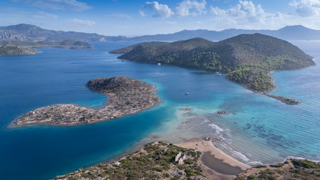 Aerial View of Bozburun Harbor and Sailboats in Marmaris, Turkeyの写真素材