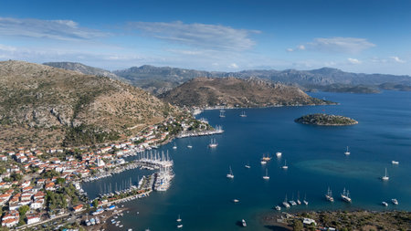 Aerial View of Bozburun Harbor and Sailboats in Marmaris, Turkeyの写真素材