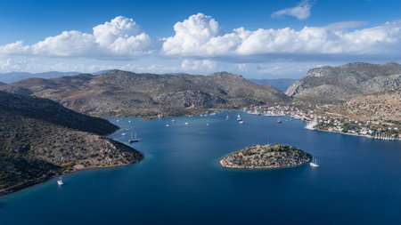 Aerial View of Bozburun Harbor and Sailboats in Marmaris, Turkeyの写真素材