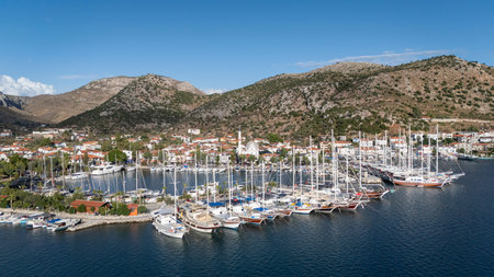Aerial View of Bozburun Harbor and Sailboats in Marmaris, Turkeyの写真素材