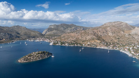 Aerial View of Bozburun Harbor and Sailboats in Marmaris, Turkeyの写真素材