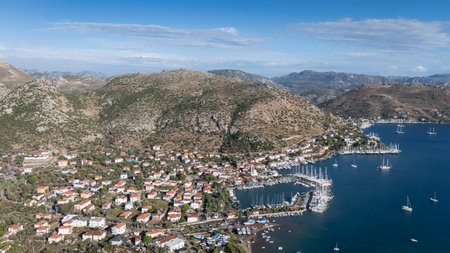 Aerial View of Bozburun Harbor and Sailboats in Marmaris, Turkeyの写真素材