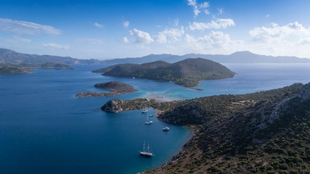 Aerial View of Bozburun Harbor and Sailboats in Marmaris, Turkeyの写真素材