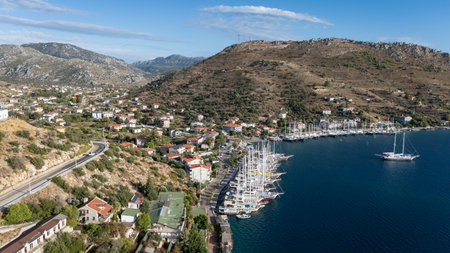 Aerial View of Bozburun Harbor and Sailboats in Marmaris, Turkeyの写真素材