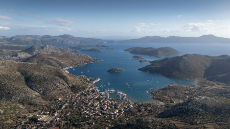 Aerial View of Bozburun Harbor and Sailboats in Marmaris, Turkey
