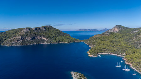 Aerial View of Gemile Island and Bay in Fethiye, Turkeyの写真素材