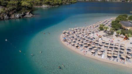 Aerial view of the famous Blue Lagoon beach in Oludeniz, Fethiye, Turkeyの写真素材