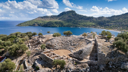 Ancient Amos Theater Overlooking the Aegean Sea in Marmaris, Turkeyの写真素材