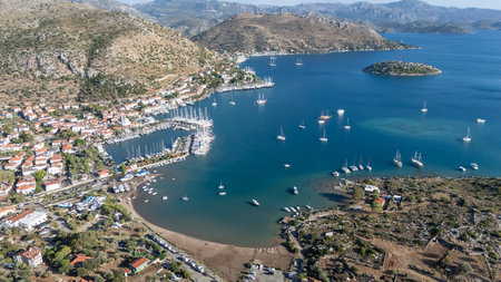 Aerial View of Bozburun Harbor and Sailboats in Marmaris, Turkeyの写真素材