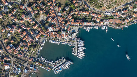 Aerial View of Bozburun Harbor and Sailboats in Marmaris, Turkeyの写真素材