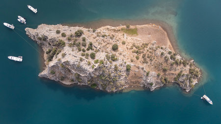 Aerial View of Kizkumu Beach and Sailboats in Marmaris, Turkeyの写真素材