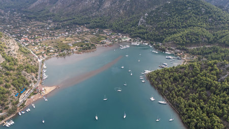 Aerial View of Kizkumu Beach and Sailboats in Marmaris, Turkeyの写真素材