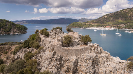 Aerial View of Kizkumu Beach and Sailboats in Marmaris, Turkeyの写真素材