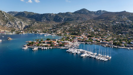 Aerial View of Selimiye Bay and Sailboats in Marmaris, Turkeyの写真素材