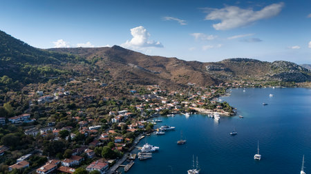 Aerial View of Selimiye Bay and Sailboats in Marmaris, Turkeyの写真素材