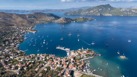 Aerial View of Selimiye Bay and Sailboats in Marmaris, Turkeyの写真素材