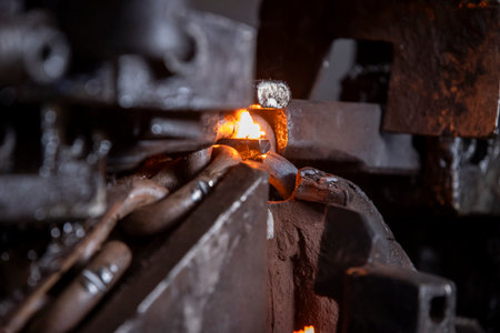 Hot Metal Chain Link Welding in Industrial Machineの写真素材