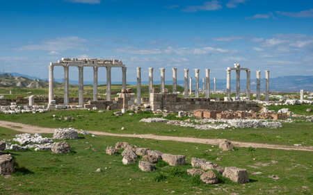 Ruins of Laodicea Ancient City in Denizli, Turkey, featuring ancient architecture, stone structures,...