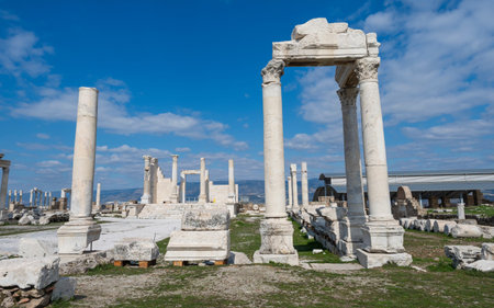 Ruins of Laodicea Ancient City in Denizli, Turkey, featuring ancient architecture, stone structures,...