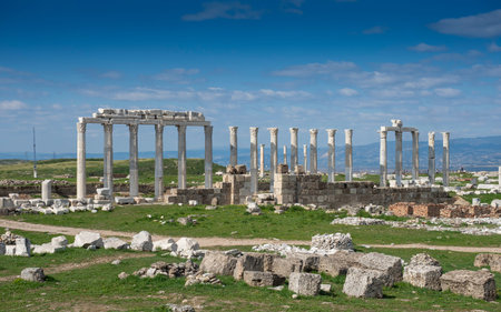 Ruins of Laodicea Ancient City in Denizli, Turkey, featuring ancient architecture, stone structures,...